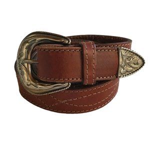 GAP Women's Belt 1" Width Silver Embossed Metal Buckle Lt. Brown Leather Size L